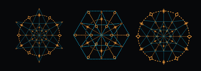 Abstract technical snowflake diagrams with orange and blue dashed lines on black backdrop
