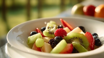 A delightful bowl filled with a refreshing mix of fresh sliced fruits, including kiwi, strawberries, blueberries, and grapes, perfect for a healthy meal.