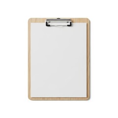 Wooden clipboard with paper, isolated on white background