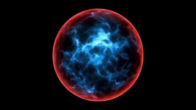Compressed energy sphere with outer red shell and inner blue flame turbulence, cinematic 4k render.