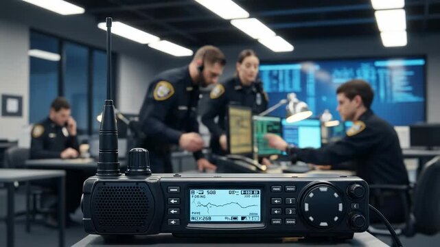 A bustling police communication center showcasing officers immersed in technology and teamwork as they monitor radio frequencies and respond to calls for service
