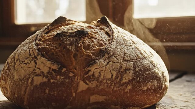 Freshly baked artisan bread loaf closeup sunlight texture