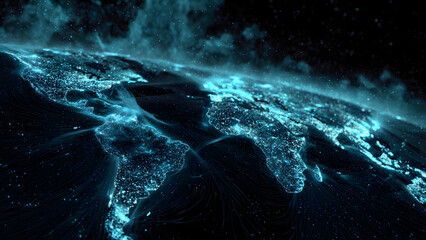 Glowing Blue Particle Map of the World with Flowing Data Streams