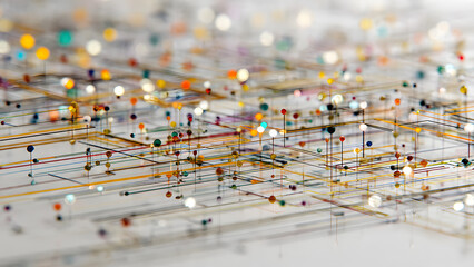 Colorful 3D Network of Interconnected Nodes and Lines on a Bright Background