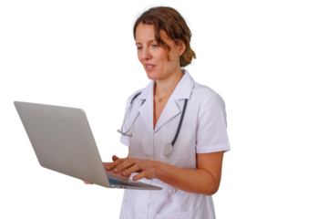 Female doctor holding laptop, typing and looking at screen, working with medical technology, transparent background
