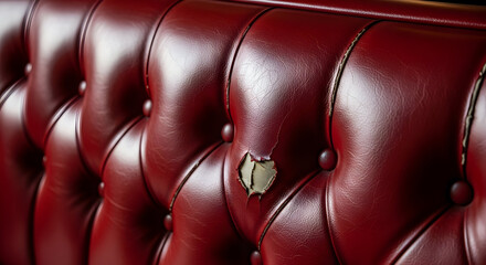 Fototapeta premium Damaged luxurious red leather tufted upholstery with visible wear and tear, conveying a sense of age and history.