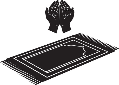 Islamic prayer rug and hands in supplication silhouette