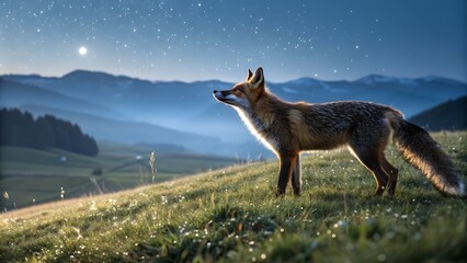 A solitary fox stands alert in a dewy meadow at dawn, its silhouette bathed in soft light against a starry mountain landscape.