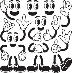 Retro cartoon character faces hands and legs vector illustration silhouette