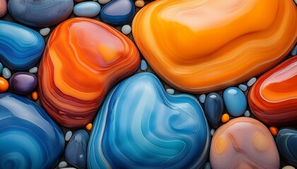 a vibrant multicolored background featuring smooth rounded stones in gradient hues from orange to blue