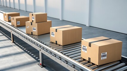 Automated conveyor belt system carrying neatly sealed cargo boxes in a modern warehouse environment