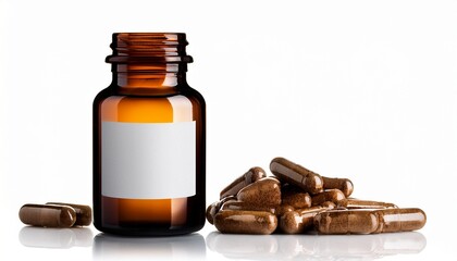 amber bottle filled with brown capsules and a blank label