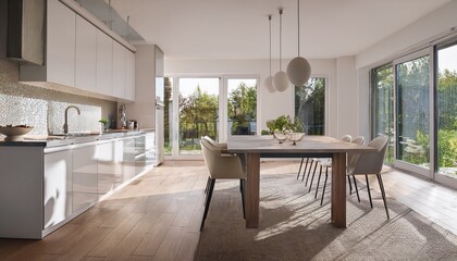 modern elegant kitchen and dining area with bright natural light and minimalist design