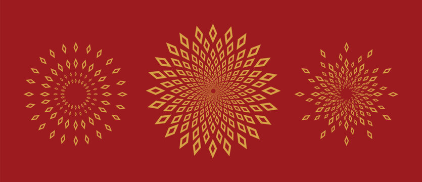 Three golden diamond shaped radial patterns exploding outwards on red surface