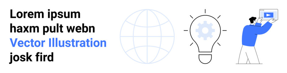 Obraz premium Globe, light bulb with gear, and person holding video screen. Ideal for technology, innovation, education, global communication, learning, business solutions simple landing page