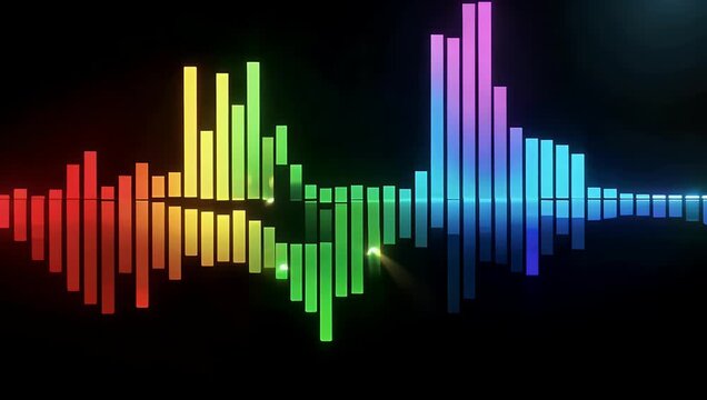4K animated footage of an audio equalizer visualizer isolated on black background with colorful bars pulsing loop suitable music sound design digital content stock 
