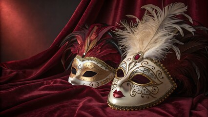 Elegant Venetian Masquerade Masks adorned with Feathers and Gold Embellishments on Luxurious Red Velvet Draping