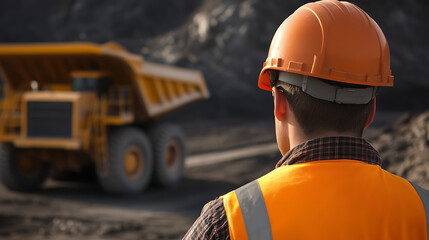 A focused worker in protective gear oversees a vast mining site. Large machinery operates in the background, symbolizing industry and hard work, contributing to the economic activities.