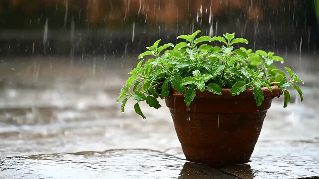 Rain falling on Tulsi plant in a clay pot