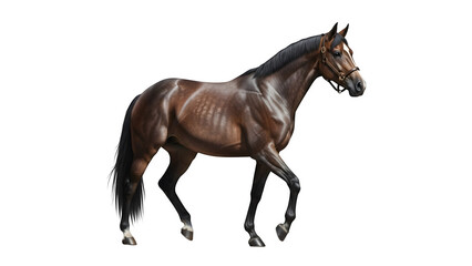 Obraz premium Majestic brown thoroughbred horse with bridle isolated on black background