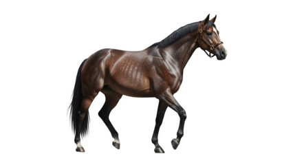 Majestic brown thoroughbred horse with bridle isolated on black background