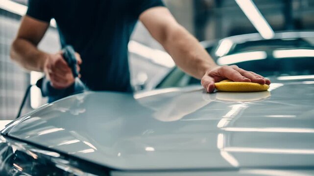 Medium shot of technician sprayapplying ceramic coating on a car hood enhancing surface protection and shine with a smooth even layer.