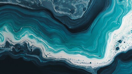 Abstract swirls of deep indigo and vibrant cyan liquid paint creating fluid marbled patterns