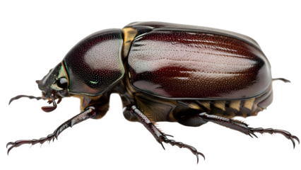 Detailed macro photograph of a brown iridescent scarab beetle on black