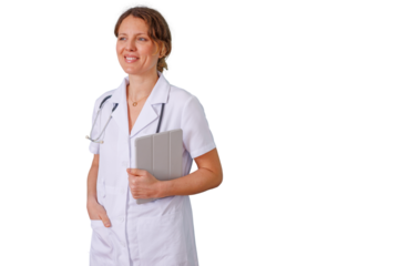 Female doctor in white coat holding digital tablet and stethoscope, smiling and looking away, healthcare professional, transparent background