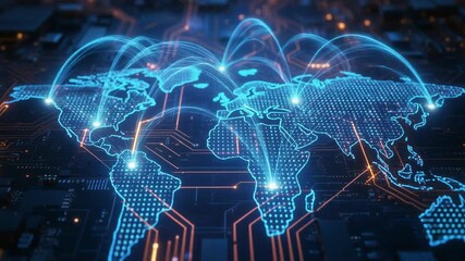 Global network connectivity illustration on a digital world map with glowing blue lines and nodes representing data transfer across continents - Powered by Adobe