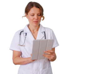 Female doctor using digital tablet for remote medical consultation during healthcare and technology integration, transparent background