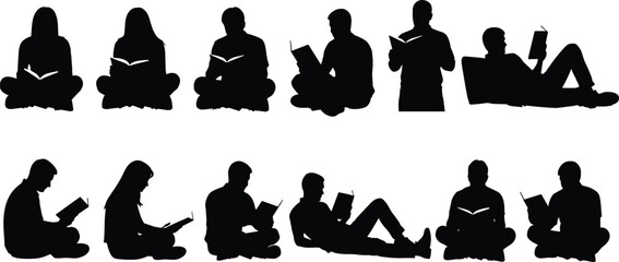 Set of people reading books silhouettes, students and readers sitting and lying down cad drawing flat vector illustration, education and library hobby symbols. © Sujay