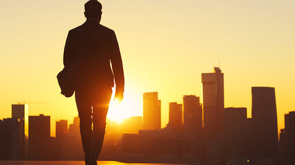 A silhouetted figure walks towards a vibrant city skyline at sunset, exuding ambition and a sense of purpose as they move forward into a bright future. Modern cityscape.