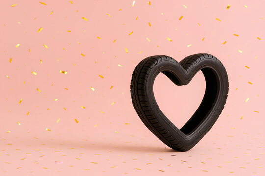 Heart shaped car tire as Valentine's Day concept, isolated on pink background with confetti