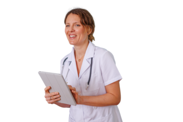 Female doctor smiling, holding a digital tablet, providing healthcare services, and managing medical information, transparent background