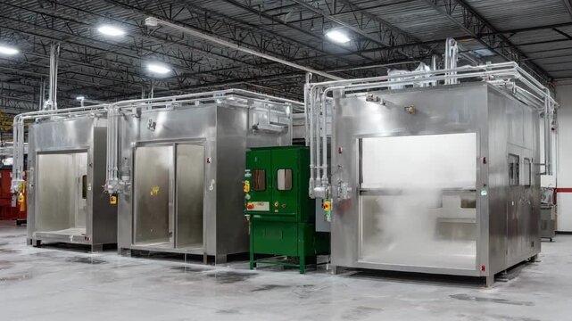 Medium shot of an efficient washout booth showcasing advanced rinsing systems designed for quick and thorough cleaning in industrial settings.