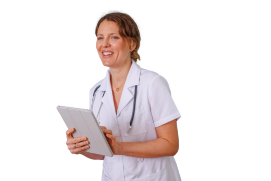 Female doctor smiling, holding a digital tablet, providing healthcare services, and managing medical information, transparent background - Powered by Adobe