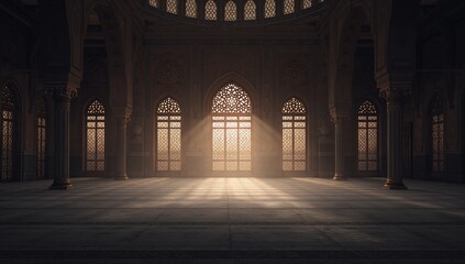 Majestic and ornate interior hall of an ancient mosque showcasing dramatic sunbeams piercing through intricate window patterns
