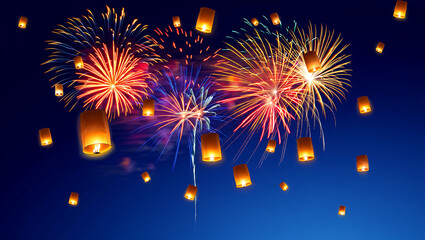 Bright fireworks explode over the beach in the dark night sky to celebrate a new year festival and holiday event with colorful pyrotechnics New Year’s Eve