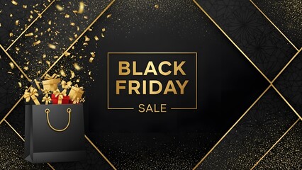 Black Friday Sale Banner Template Design with Gift Boxes and Golden Confetti