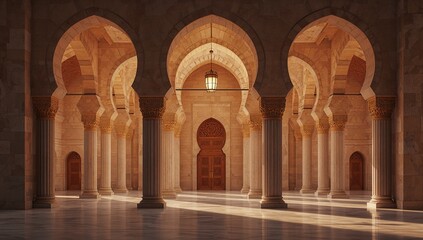 Obraz premium Majestic interior architecture of an ornate mosque featuring intricate stone arches and a grand wooden doorway bathed in soft sunlight.