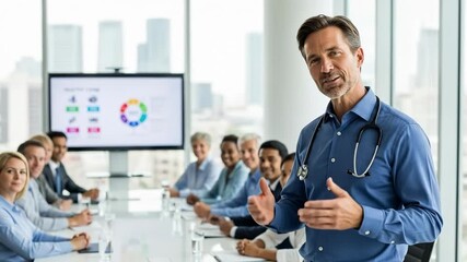 A middle-aged Caucasian male doctor leads a medical conference in a modern office environment, presenting to a diverse group of healthcare professionals, emphasizing collaboration and innovation. - Powered by Adobe