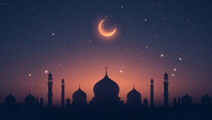 Silhouette of an ancient mosque skyline against a vibrant twilight sky illuminated by a brilliant crescent moon and countless stars