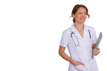 Female doctor or nurse smiling while holding a laptop, standing with transparent background, healthcare professional concept
