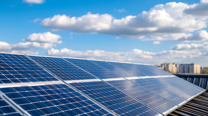 Solar Panels Harnessing Sun's Energy. Blue Photovoltaic Cells and the clear, bright sky. The panel's crystalline structure creates power, with buildings in the background.