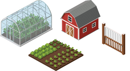 Isometric farm set featuring a glass greenhouse with plants, red barn house, garden vegetable patch, and wooden fence on white. © Creative_Solution