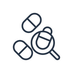 Drug Research Icon. Magnifying Glass Examining Medicine Pills