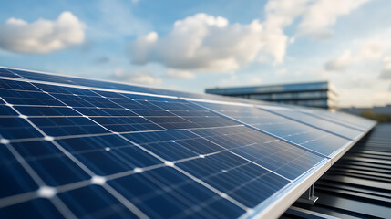 Solar panels harnessing the sun's energy on a rooftop, reflecting a cloudy sky. Clean power generation for a sustainable future, reducing our carbon footprint today.