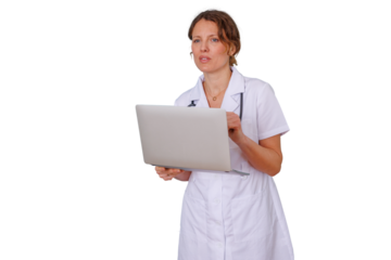 Female doctor using laptop for telemedicine, healthcare technology, and online consultation, transparent background