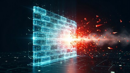 Digital firewall shattering under the force of a powerful cyber attack and data breach